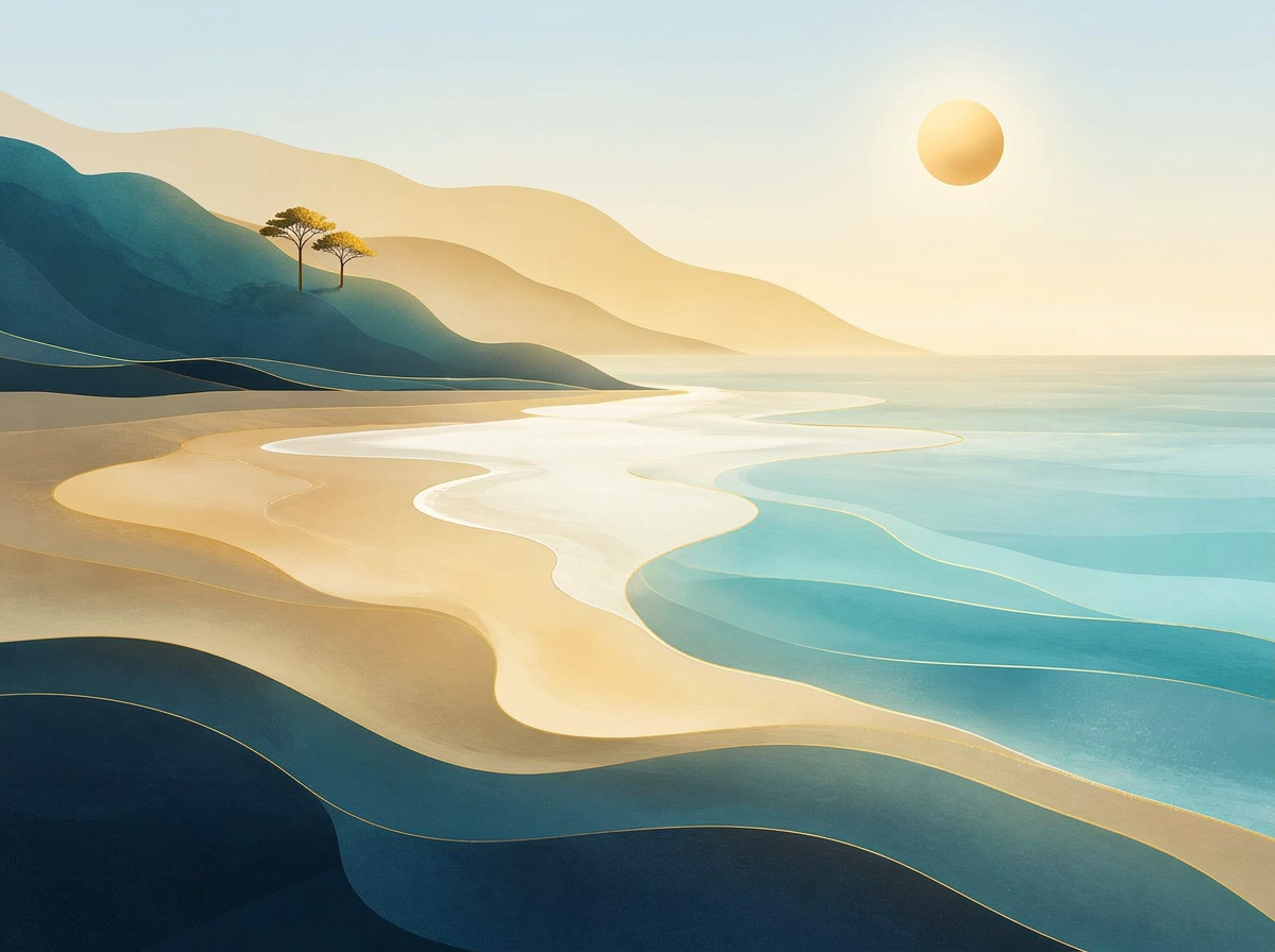 Abstract coastal illustration with layered waves and sand